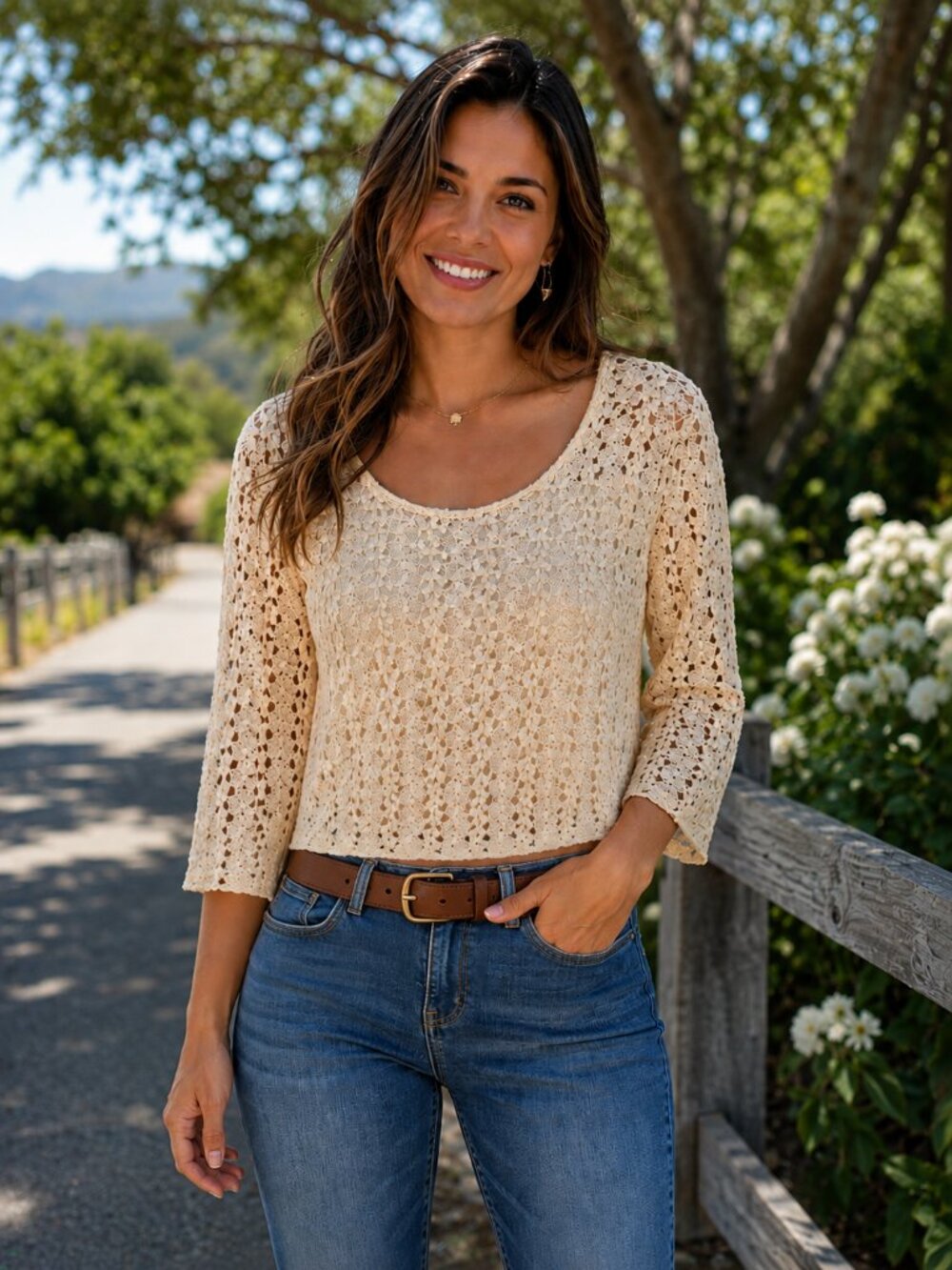 STARING AT STARS 3/4 Sleeve Scoop Neck Cream Open Knit Cropped Sweater NWOT S